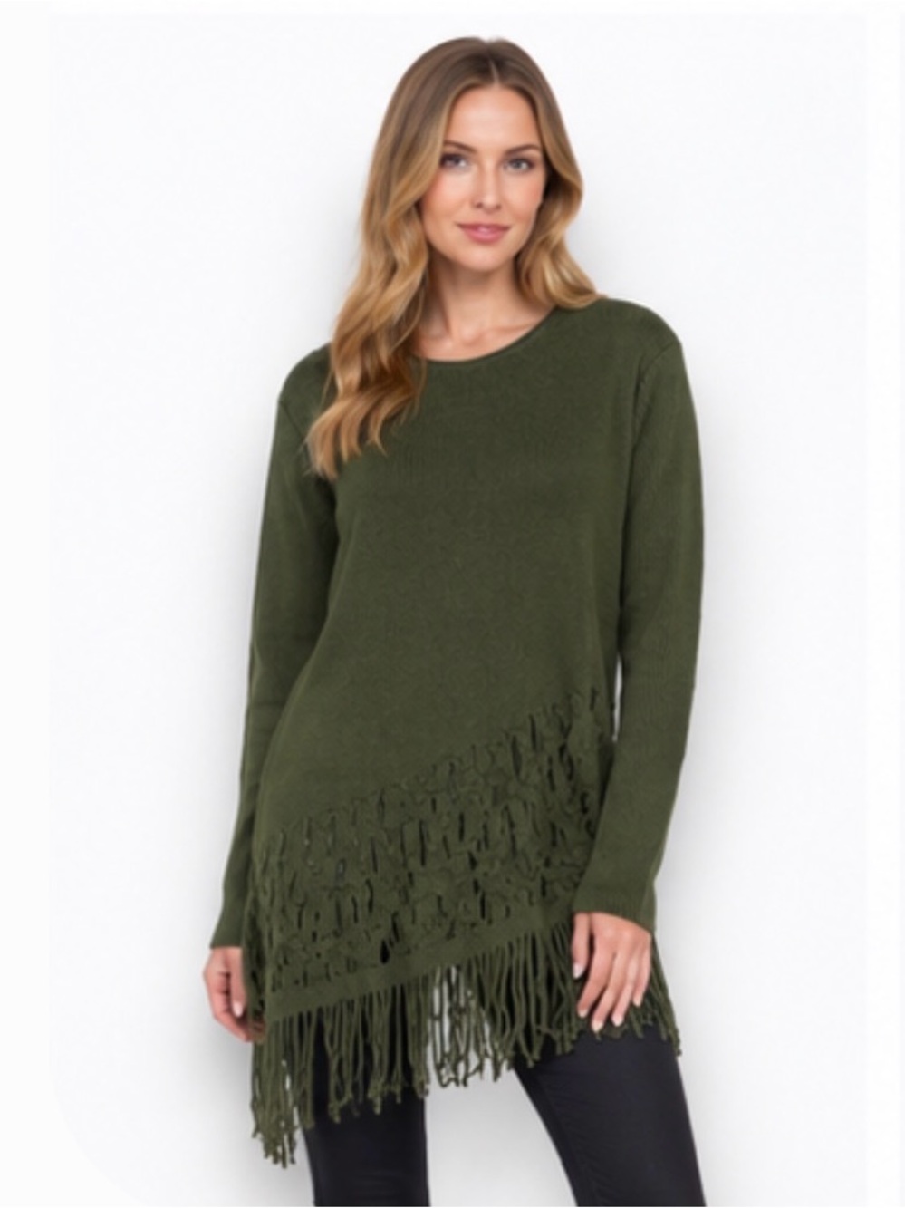 Fringe Hem Crewneck Sweater in Olive Green - Women